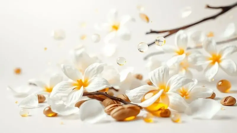 Ilustração digital de pétalas de flores brancas, favas de baunilha e gotas de âmbar representando as notas olfativas de um perfume floral âmbar.