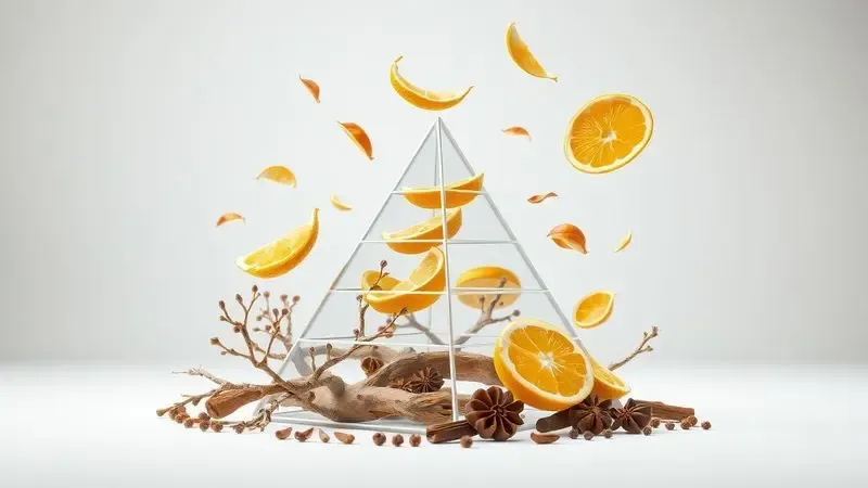 Representação artística em 3D de uma pirâmide olfativa com elementos de madeira, cítricos e especiarias flutuando em harmonia.