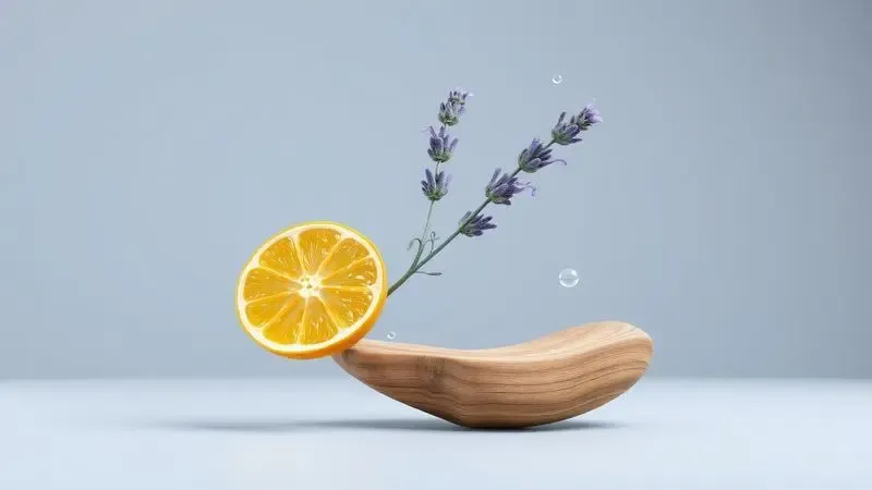 Renderização 3D de elementos naturais como cítricos e madeira representando as camadas das notas olfativas.
