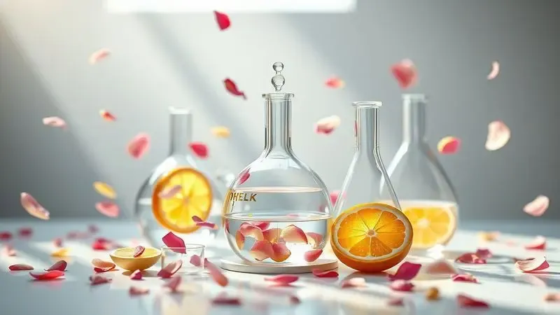 Renderização artística 3D de elementos naturais e vidraria de laboratório representando a criação de perfumes.