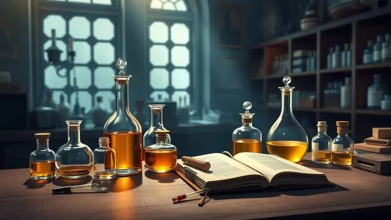 Estação de trabalho de um perfumista com frascos de laboratório, béqueres e óleos essenciais em estilo artístico.