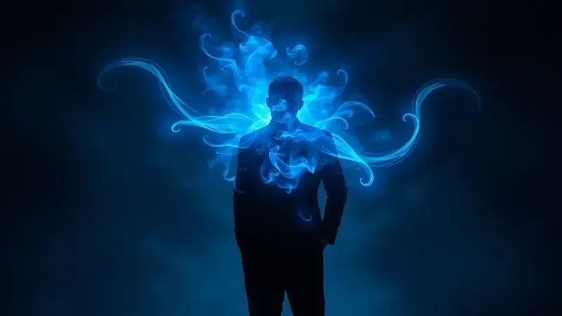 Ilustração abstrata de uma aura perfumada azul irradiando de uma silhueta masculina.