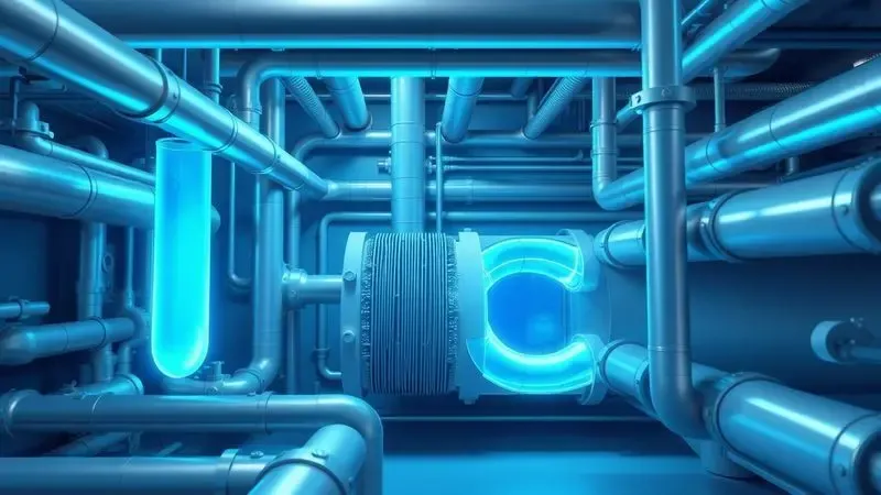 Ilustração digital de um sistema de refrigeração industrial com tubulações estilizadas e fluido térmico.
