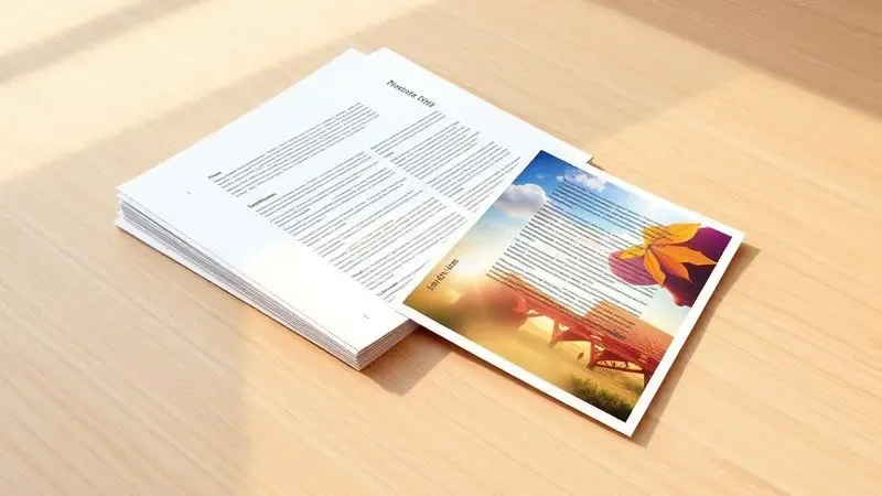 Documentos impressos com textos nítidos e uma fotografia vibrante sobre uma mesa de madeira clara, ilustrando alta qualidade de impressão.