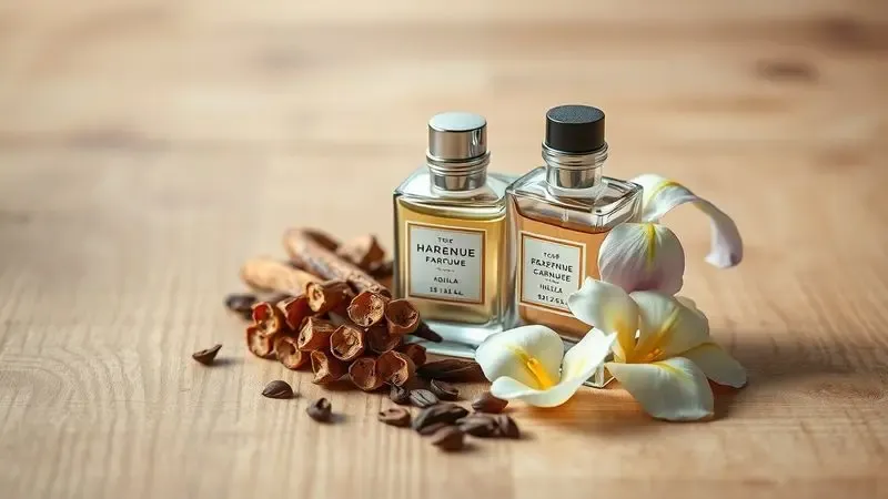 Ingredientes raros de perfumaria como madeira oud, favas de baunilha e pétalas de flores em composição luxuosa.