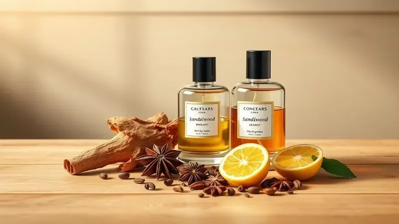 Ilustração artística de ingredientes de luxo da perfumaria como madeira de sândalo e frutas cítricas em um ambiente clean e iluminado.