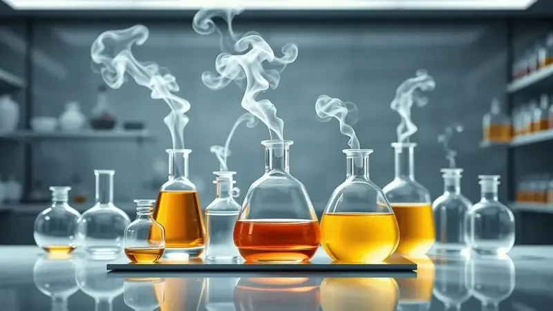 Ilustração 3D de um laboratório de perfumaria fina com frascos de vidro e elementos abstratos que simbolizam qualidade e sofisticação.