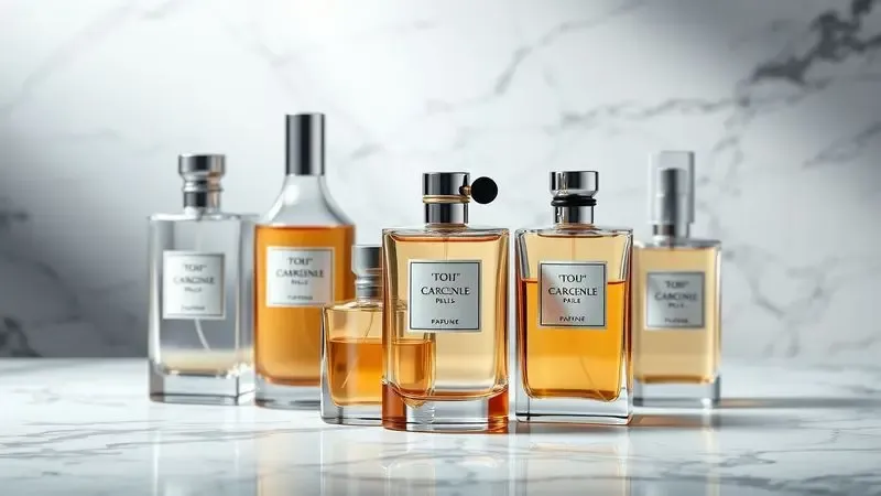 Ilustração artística de uma coleção de frascos de perfume elegantes dispostos em uma superfície de mármore com iluminação suave.