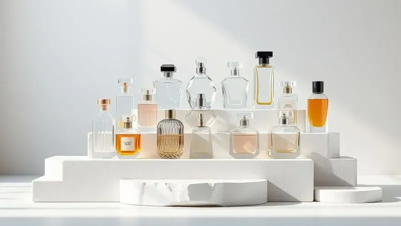 Uma seleção de frascos de perfumes masculinos genéricos e elegantes dispostos em degraus minimalistas.