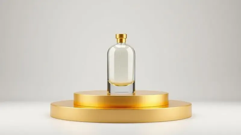 Pódio minimalista com frasco de vidro abstrato simbolizando a excelência e o topo do ranking de perfumes masculinos.