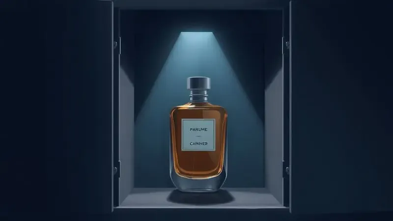 Ilustração de frascos de perfume guardados dentro de um armário escuro e fresco para protegê-los da luz e calor.