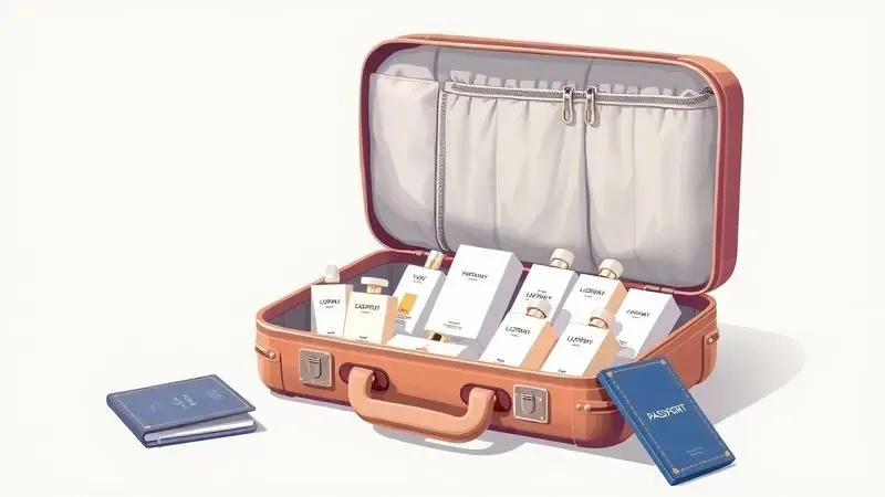 Mala de viagem aberta com caixas de perfumes organizadas e um passaporte, representando compras internacionais.