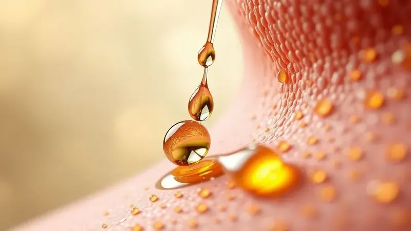Representação artística em 3D de gotas de perfume sendo absorvidas pela pele para ilustrar longa fixação.