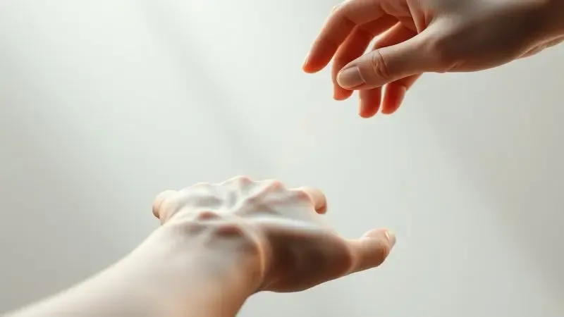 Renderização 3D de uma névoa de perfume sendo aplicada delicadamente no pulso para representar a fixação da fragrância na pele.