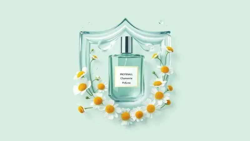 Ilustração conceitual de um escudo protetor feito de água e flores ao redor de um perfume hipoalergênico.