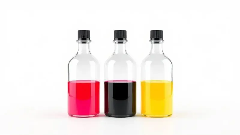 Quatro frascos conceituais de tinta nas cores CMYK representando o sistema de tanque e a economia de suprimentos.