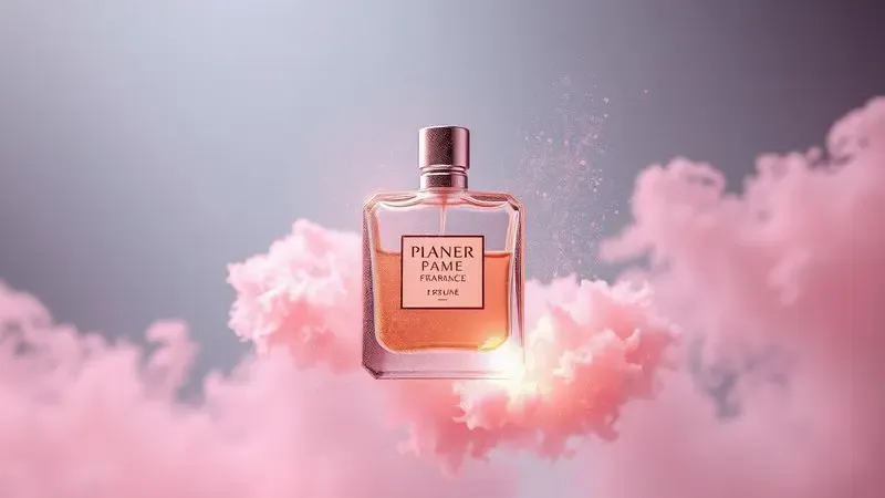 Ilustração digital conceitual de uma essência de perfume brilhante com nuvens cor-de-rosa e pó cintilante.