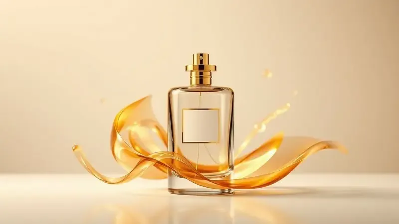 Ilustração digital abstrata representando a fragrância luxuosa de um perfume com ondas douradas e estética sofisticada.
