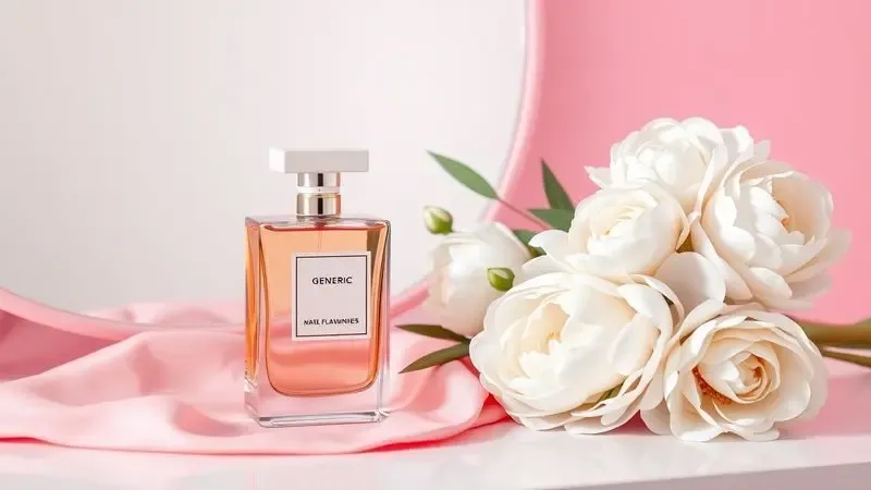 Renderização 3D de um frasco de perfume feminino elegante ao lado de um buquê de flores em tons pastéis sobre uma penteadeira.