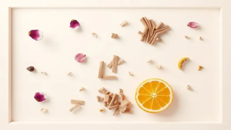 Elementos olfativos como pétalas e raspas de cítricos organizados artisticamente para representar notas de perfumes.