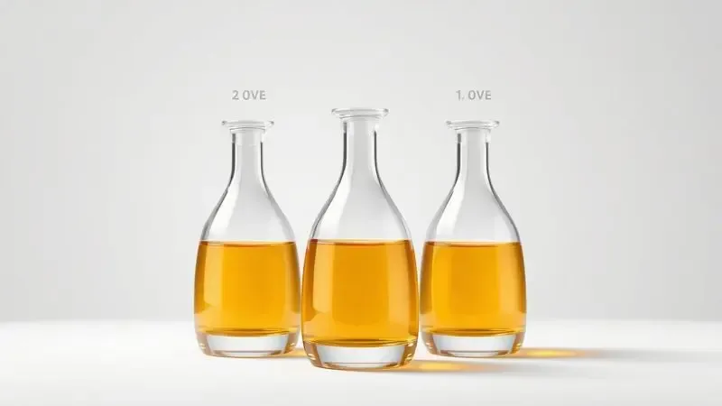 Ilustração de frascos de vidro com diferentes tonalidades de líquido representando níveis de concentração de fragrância.