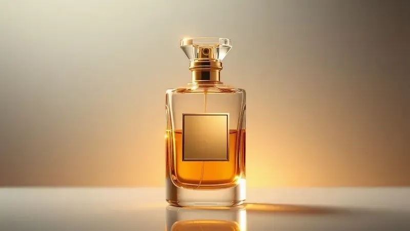 Ilustração digital de um frasco de perfume brilhante simbolizando o valor e a qualidade das fragrâncias importadas.