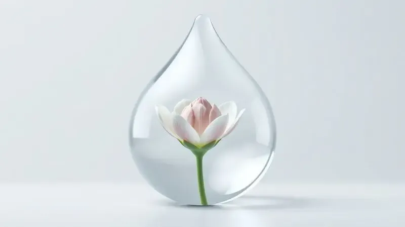 Ilustração conceitual de uma gota de água cristalina com uma flor, representando a hidratação de fórmulas sem álcool.