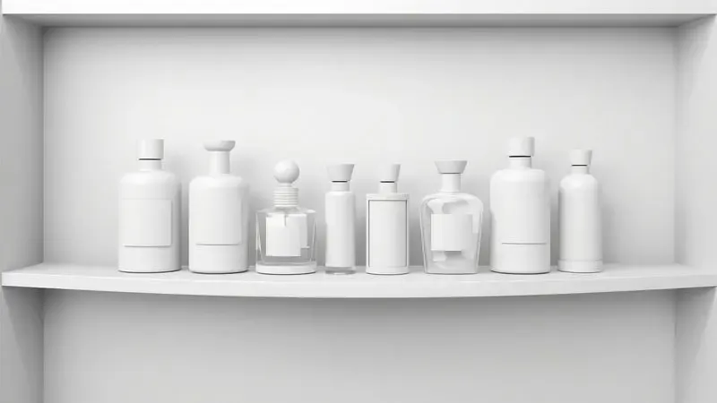 Silhuetas de diversos frascos de perfume sem marca organizados de forma artística em uma prateleira moderna com paleta monocromática.